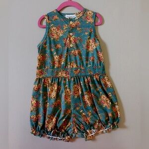 Right Bank Babies Floral Romper Girl’s Size 5 Vintage French Roses TEAL